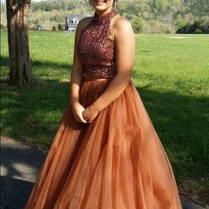 SHERRI HILL PROM DRESS Copper high neck waist band